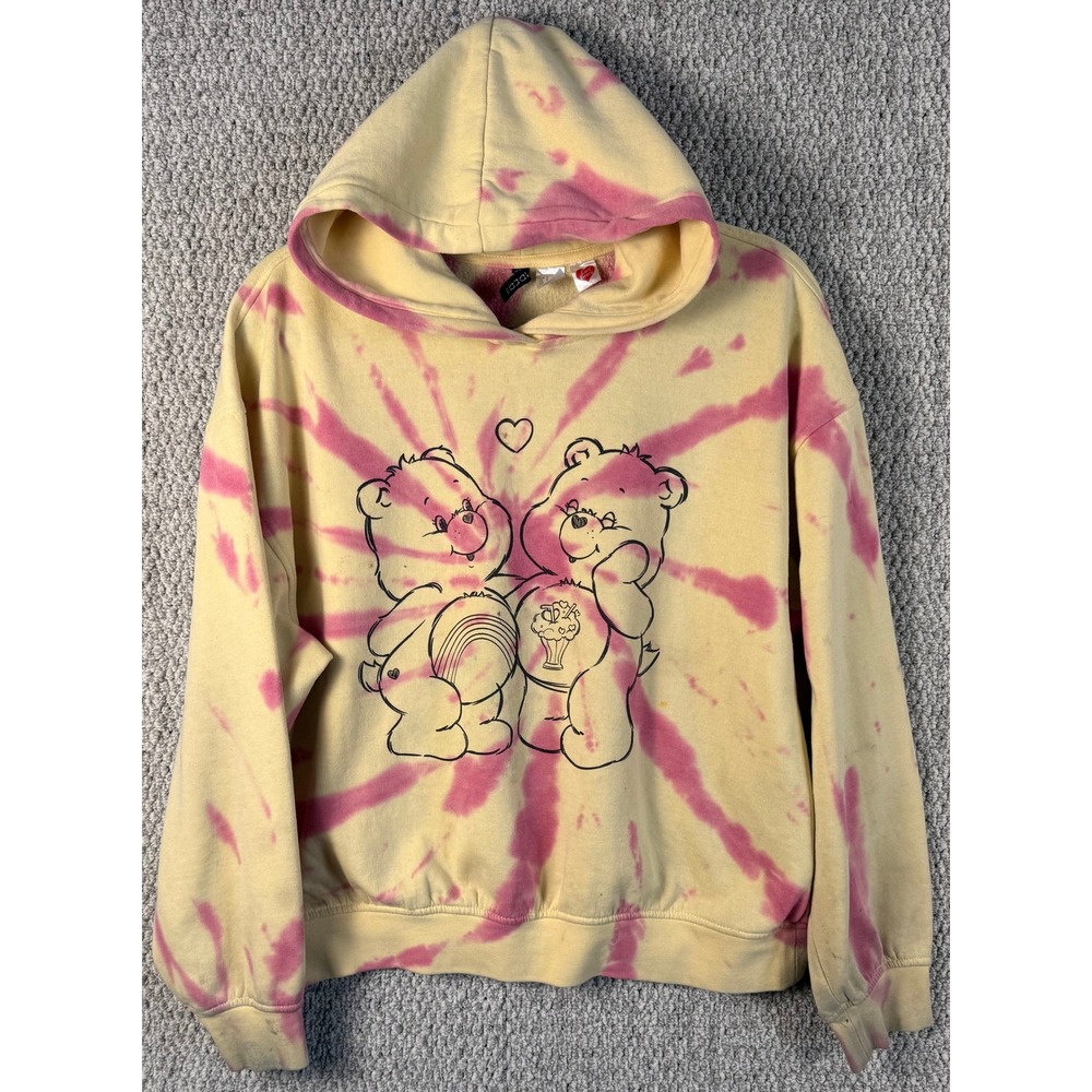 H&M Divided Care Bears Hoodie Small Yellow Pink Tie Dye Graphic Pullover